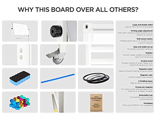 Rolling Whiteboard Dry Erase Board on Wheels with Stand 48x32" Large, Portable, Double Sided Mobile Whiteboard on Wheels with Magnetic Eraser, Ruler, 2 Gridding Tapes, 12 Pin Magnets for Home Office