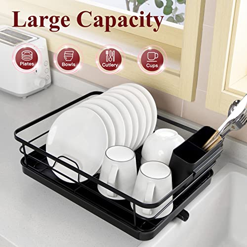 Sakugi Dish Drying Rack - Compact Dish Rack for Kitchen Counter with a Cutlery Holder, Durable Stainless Steel Kitchen Dish Rack for Various Tableware, Dish Drying Rack with Easy Installation, Black