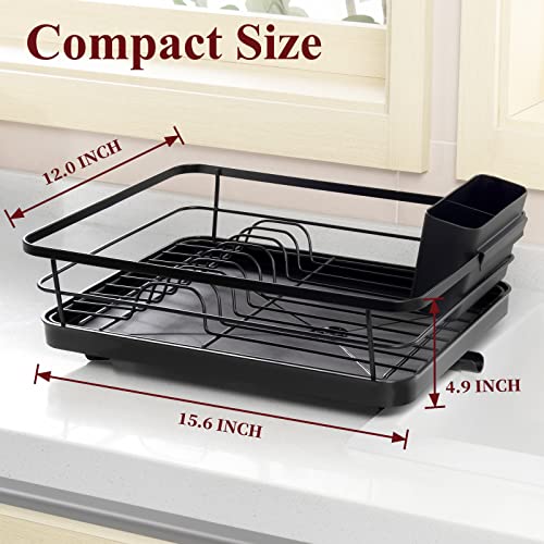 Sakugi Dish Drying Rack - Compact Dish Rack for Kitchen Counter with a Cutlery Holder, Durable Stainless Steel Kitchen Dish Rack for Various Tableware, Dish Drying Rack with Easy Installation, Black
