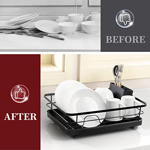 Sakugi Dish Drying Rack - Compact Dish Rack for Kitchen Counter with a Cutlery Holder, Durable Stainless Steel Kitchen Dish Rack for Various Tableware, Dish Drying Rack with Easy Installation, Black