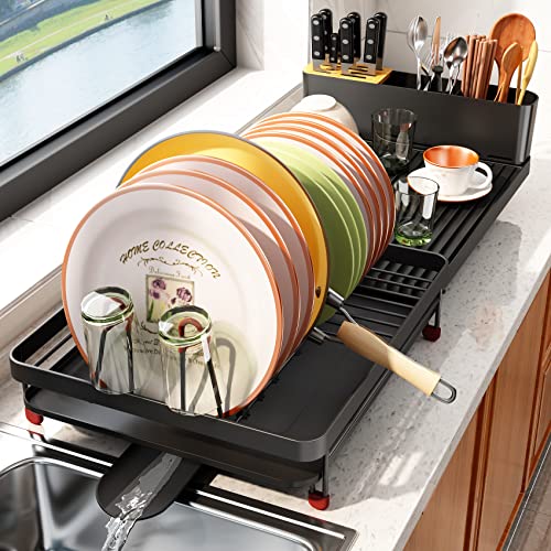 Dish Drying Rack, Auto-Drain Expandable(19.1"-26.9") Kitchen Counter Dish Drainers Rack, Stainless Steel Large Strainers Drying Rack with Drainboard Pan Holder Utensil Holder Caddy Organizer, Black