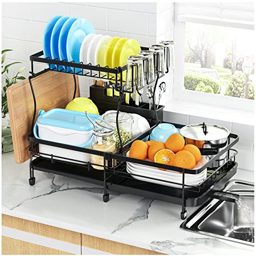 YKLSLH Expandable Dish Drying Rack, 2 Tier Large Drying Rack for Kitchen Counter with Drainboard, Glass Holder, Utensil Holder-Dish Drainers (Black)…
