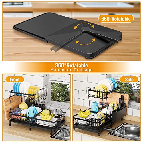 YKLSLH Expandable Dish Drying Rack, 2 Tier Large Drying Rack for Kitchen Counter with Drainboard, Glass Holder, Utensil Holder-Dish Drainers (Black)…