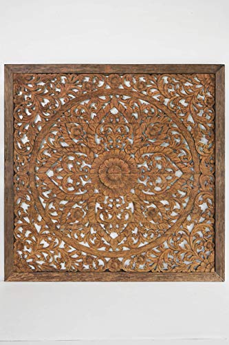 Super King Sized Carved Headboard, Wall Mounted Mandala Wooden Panels, Weathered Brown Rustic Barn Finish, 80 inches