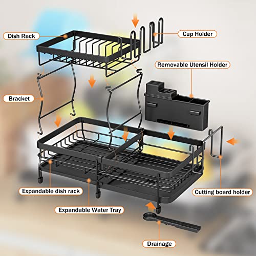 YKLSLH Expandable Dish Drying Rack, 2 Tier Large Drying Rack for Kitchen Counter with Drainboard, Glass Holder, Utensil Holder-Dish Drainers (Black)…