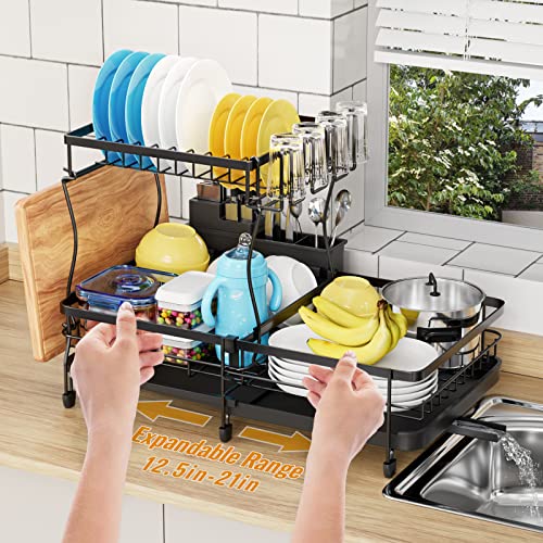 YKLSLH Expandable Dish Drying Rack, 2 Tier Large Drying Rack for Kitchen Counter with Drainboard, Glass Holder, Utensil Holder-Dish Drainers (Black)…
