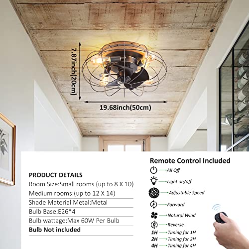 luansky 20" Caged Ceiling Fans with Lights and Remote, Flush Mount Ceiling Fan with Light, Low Profile Caged Ceiling Fan Enclosed, 6 Speed Reversible for Kitchen, Bedroom