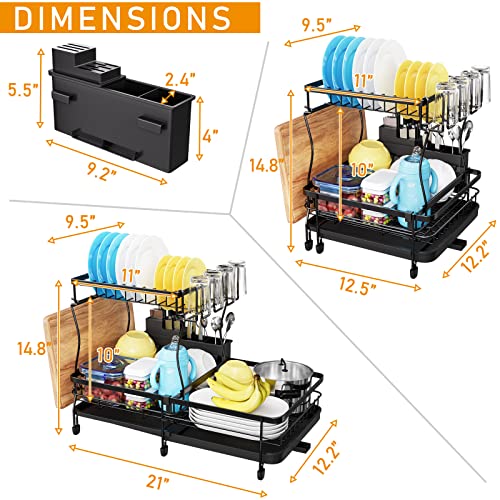 YKLSLH Expandable Dish Drying Rack, 2 Tier Large Drying Rack for Kitchen Counter with Drainboard, Glass Holder, Utensil Holder-Dish Drainers (Black)…