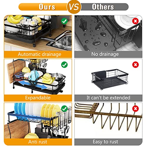 YKLSLH Expandable Dish Drying Rack, 2 Tier Large Drying Rack for Kitchen Counter with Drainboard, Glass Holder, Utensil Holder-Dish Drainers (Black)…