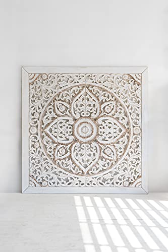 Super King Sized Carved Headboard, Wall Mounted Mandala Wooden Panels, Weathered Brown Rustic Barn Finish, 80 inches