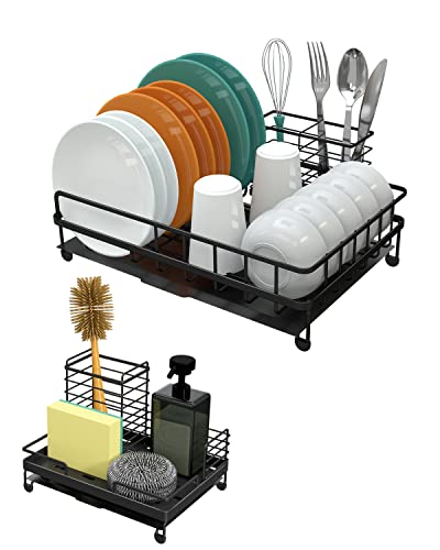 LKKL Dish Racks for Kitchen Counter- Rustproof Kitchen Dish Drying Rack with Drainboard,2 in 1 Small Dish Rack Drainer Set with Sponge Holder,Saving Space Dish Drainers for Kitchen Counter,Black