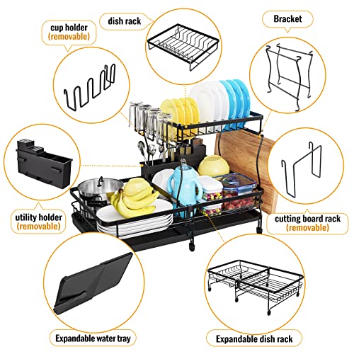YKLSLH Expandable Dish Drying Rack, 2 Tier Large Drying Rack for Kitchen Counter with Drainboard, Glass Holder, Utensil Holder-Dish Drainers (Black)…