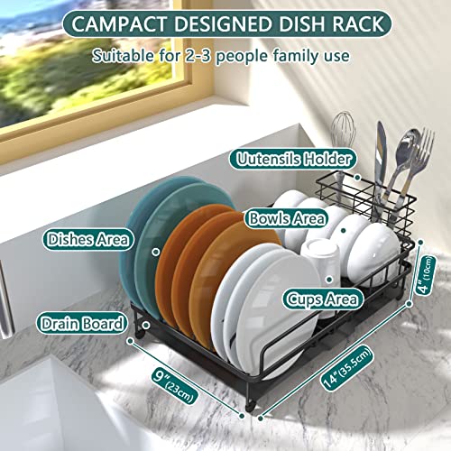 LKKL Dish Racks for Kitchen Counter- Rustproof Kitchen Dish Drying Rack with Drainboard,2 in 1 Small Dish Rack Drainer Set with Sponge Holder,Saving Space Dish Drainers for Kitchen Counter,Black