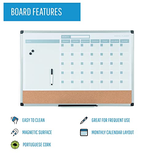 MasterVision Magnetic Dry Erase Monthly Calendar Planner Push Pin Corkboard Combo with Marker Tray, 24" x 36", Gray Plastic Frame, White, MB0707186P