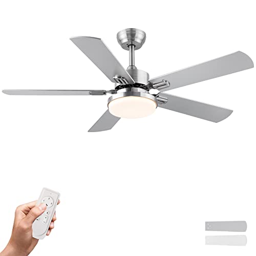 SNJ 52 inch Brushed Nickel Ceiling Fan with Lights and Remote Control, Modern Ceiling Fan with Dimmable led light for Bedroom Home, Indoor, Outdoor, Noiseless Motor, Reversible 5 Blades, Fan