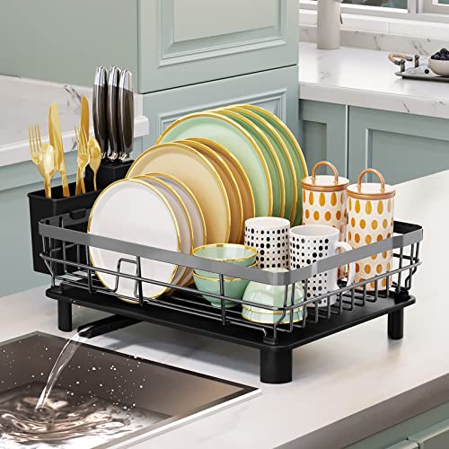 AIDERLY Dish Drying Rack with Drainboard Dish Drainers for Kitchen Counter Sink Adjustable Spout Dish Strainers with Utensil Holder and Knife Slots, Grey