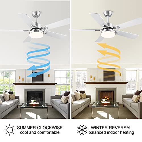 SNJ 52 inch Brushed Nickel Ceiling Fan with Lights and Remote Control, Modern Ceiling Fan with Dimmable led light for Bedroom Home, Indoor, Outdoor, Noiseless Motor, Reversible 5 Blades, Fan