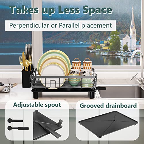 AIDERLY Dish Drying Rack with Drainboard Dish Drainers for Kitchen Counter Sink Adjustable Spout Dish Strainers with Utensil Holder and Knife Slots, Grey
