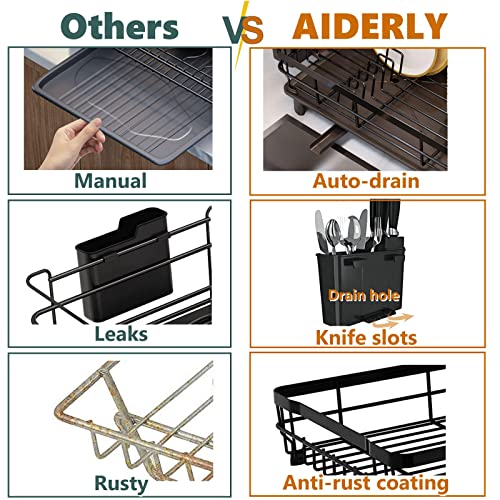 AIDERLY Dish Drying Rack with Drainboard Dish Drainers for Kitchen Counter Sink Adjustable Spout Dish Strainers with Utensil Holder and Knife Slots, Grey