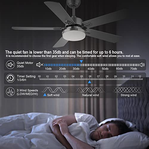 SNJ 52 inch Brushed Nickel Ceiling Fan with Lights and Remote Control, Modern Ceiling Fan with Dimmable led light for Bedroom Home, Indoor, Outdoor, Noiseless Motor, Reversible 5 Blades, Fan