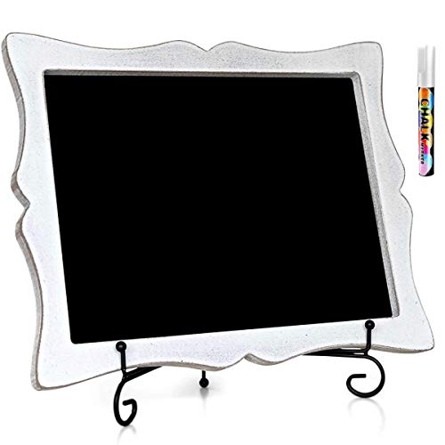 11"x13" Chalkboard Sign with Easel (Rustic White) + White Liquid Chalk Marker | Hanging or Freestanding Framed Chalkboard with Hand Crafted Sweetheart Frame - Multipurpose Small Chalkboard Sign