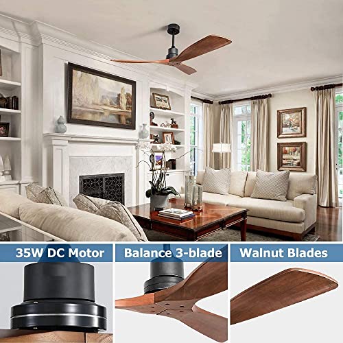 CACI Mall 52''Ceiling Fan Without Lights, Remote Control, Wood Modern Retro Flush Mount Ceiling Fan for Indoor Outdoor， Bedroom, Dining Room, Patio, Living room, Farmhouse, Office