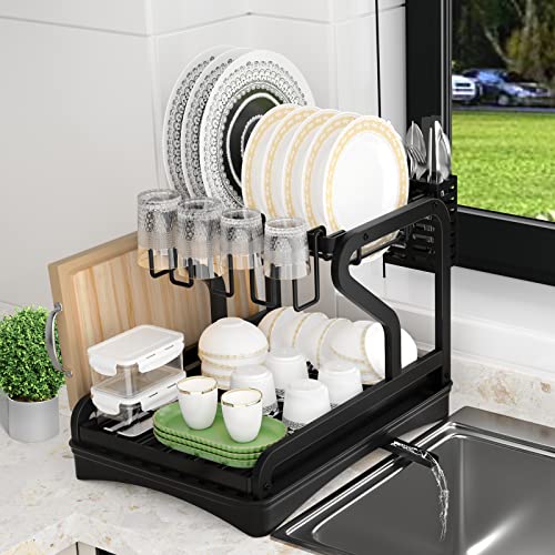 Dish Drying Rack for Kitchen Counter Over The Sink, Larger 2-Tier Drainboard Set with Double-Layer Bowl Rack, Cup Rack, Sticky Board Rack, Cutlery Rack.