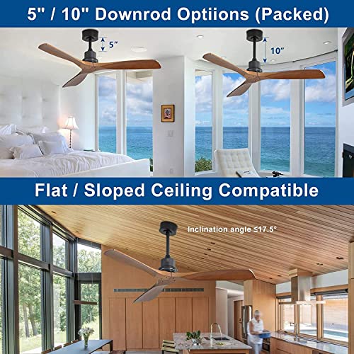 CACI Mall 52''Ceiling Fan Without Lights, Remote Control, Wood Modern Retro Flush Mount Ceiling Fan for Indoor Outdoor， Bedroom, Dining Room, Patio, Living room, Farmhouse, Office
