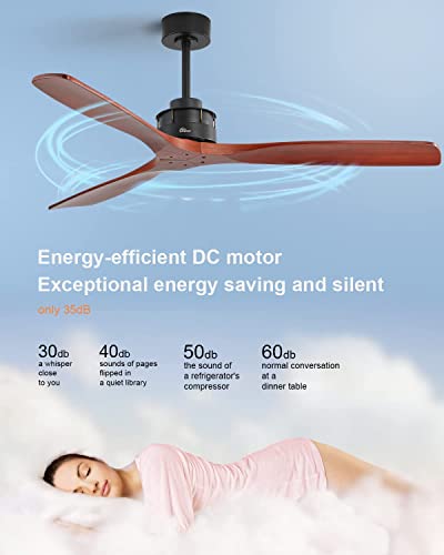 CACI Mall 52''Ceiling Fan Without Lights, Remote Control, Wood Modern Retro Flush Mount Ceiling Fan for Indoor Outdoor， Bedroom, Dining Room, Patio, Living room, Farmhouse, Office