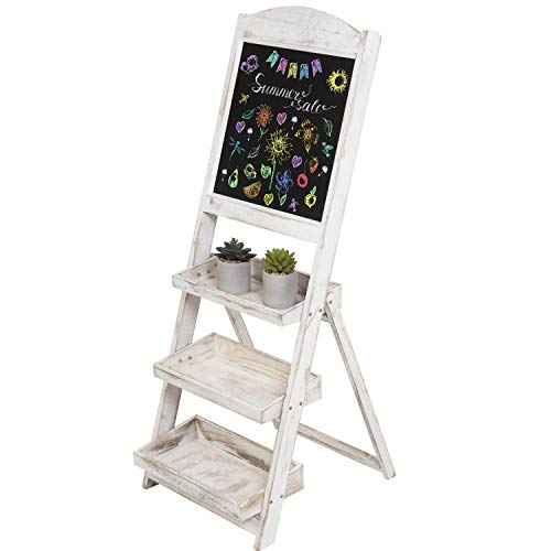 MyGift Shabby Whitewashed Wood Chalkboard Easel with 3 Display Shelves