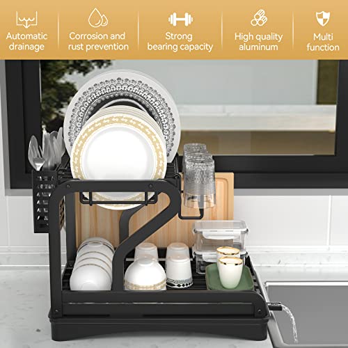 Dish Drying Rack for Kitchen Counter Over The Sink, Larger 2-Tier Drainboard Set with Double-Layer Bowl Rack, Cup Rack, Sticky Board Rack, Cutlery Rack.