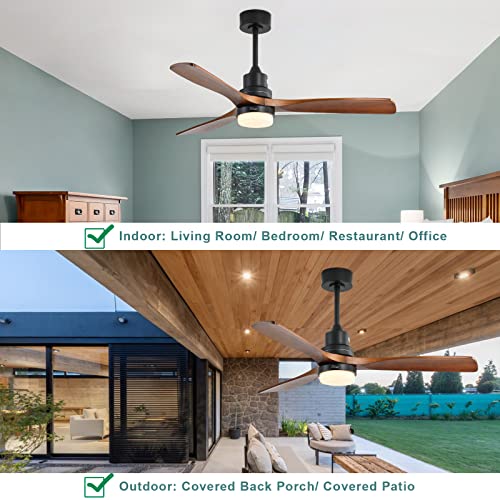 Sofucor 52'' Ceiling Fans with Lights Remote Control, 3 Down Rods Outdoor Ceiling Fan with Remote, Dimmable LED Light, Noiseless Motor & 3 Reversible Wood Blades