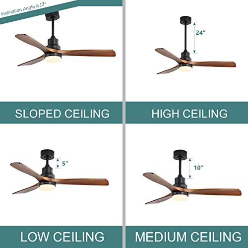 Sofucor 52'' Ceiling Fans with Lights Remote Control, 3 Down Rods Outdoor Ceiling Fan with Remote, Dimmable LED Light, Noiseless Motor & 3 Reversible Wood Blades