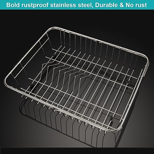 iPEGTOP Expandable Dish Drying Rack, Over The Sink Dish Rack, in Sink Or On Counter Dish Drainer Basket Shelf with Black Utensil Holder Cutlery Tray, Rustproof Stainless Steel for Kitchen