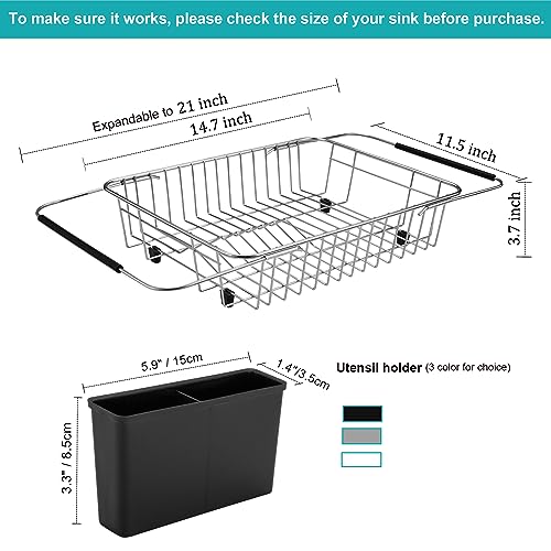 iPEGTOP Expandable Dish Drying Rack, Over The Sink Dish Rack, in Sink Or On Counter Dish Drainer Basket Shelf with Black Utensil Holder Cutlery Tray, Rustproof Stainless Steel for Kitchen
