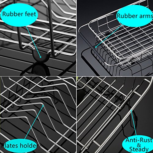 iPEGTOP Expandable Dish Drying Rack, Over The Sink Dish Rack, in Sink Or On Counter Dish Drainer Basket Shelf with Black Utensil Holder Cutlery Tray, Rustproof Stainless Steel for Kitchen