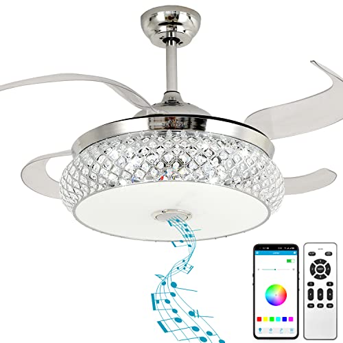 BAYSQUIRREL Retractable Bluetooth Ceiling Fan with Speaker, 85 Kinds of Color Light Bluetooth Ceiling Fan with Light,6 Speed Reversible Modern Invisible Ceiling Fan,Remote and APP Control