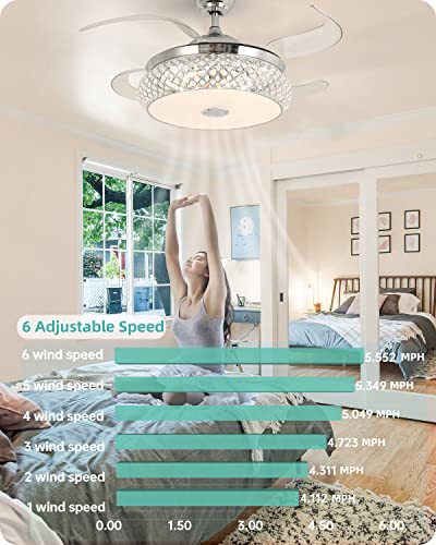 BAYSQUIRREL Retractable Bluetooth Ceiling Fan with Speaker, 85 Kinds of Color Light Bluetooth Ceiling Fan with Light,6 Speed Reversible Modern Invisible Ceiling Fan,Remote and APP Control