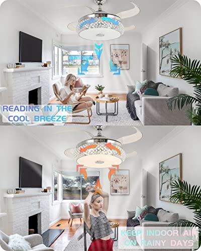 BAYSQUIRREL Retractable Bluetooth Ceiling Fan with Speaker, 85 Kinds of Color Light Bluetooth Ceiling Fan with Light,6 Speed Reversible Modern Invisible Ceiling Fan,Remote and APP Control