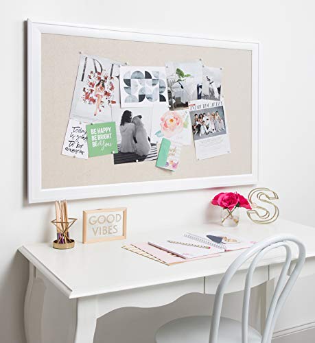 DesignOvation Bosc Framed Natural Linen Fabric Pinboard, 27.5x43.5, White