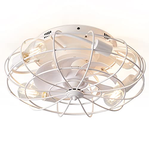 EMIKIRII Recessed Remote Control Ceiling Fan With Light, Industrial White Ceiling Fan, 3 Speed Reversible Motor, Suitable for Living Room, Bedroom, Church, etc