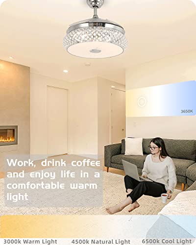 BAYSQUIRREL Retractable Bluetooth Ceiling Fan with Speaker, 85 Kinds of Color Light Bluetooth Ceiling Fan with Light,6 Speed Reversible Modern Invisible Ceiling Fan,Remote and APP Control
