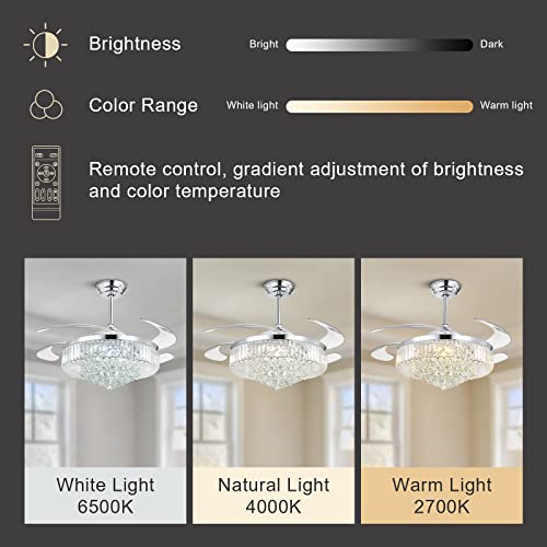 Moooni 52 Inch Retractable Blades Fandelier Dimmable Crystal Chandelier Ceiling Fan with Light and Remote, Dimmable LED Crystal Fan Light Kit for Bedroom Dining Room-Polished Chrome