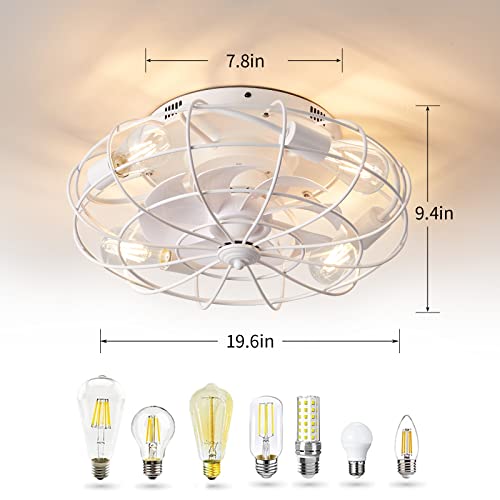 EMIKIRII Recessed Remote Control Ceiling Fan With Light, Industrial White Ceiling Fan, 3 Speed Reversible Motor, Suitable for Living Room, Bedroom, Church, etc