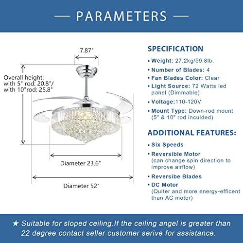 Moooni 52 Inch Retractable Blades Fandelier Dimmable Crystal Chandelier Ceiling Fan with Light and Remote, Dimmable LED Crystal Fan Light Kit for Bedroom Dining Room-Polished Chrome