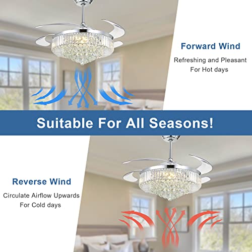 Moooni 52 Inch Retractable Blades Fandelier Dimmable Crystal Chandelier Ceiling Fan with Light and Remote, Dimmable LED Crystal Fan Light Kit for Bedroom Dining Room-Polished Chrome