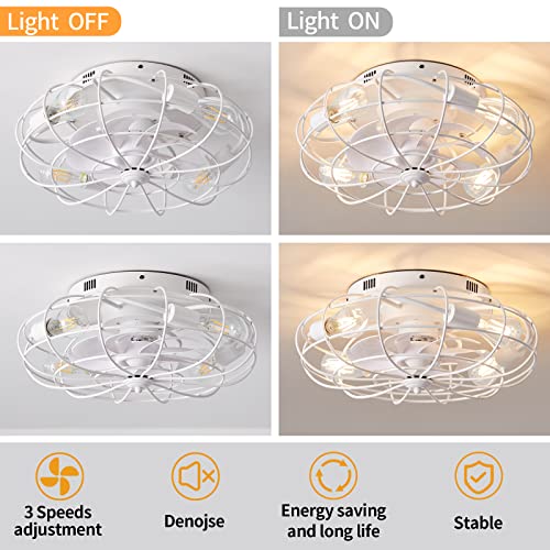 EMIKIRII Recessed Remote Control Ceiling Fan With Light, Industrial White Ceiling Fan, 3 Speed Reversible Motor, Suitable for Living Room, Bedroom, Church, etc