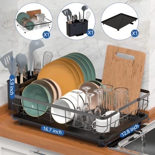 LIONONLY Large Dish Drying Rack with Drainboard, Stainless Steel Dish Rack for Kitchen Counter,Detachable Dish Drainer Organizer Shelf with Utensil Holder Set (Black)