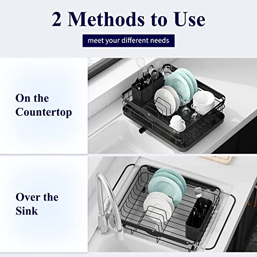 Kitsure Dish Drying Rack in Sink - Dual-Use Dish Rack for Countertops & Sinks, Stainless Steel Dish Rack for Kitchen Counter, Over The Sink Kitchen Drying Rack with a Draindboard & Utensil Holder