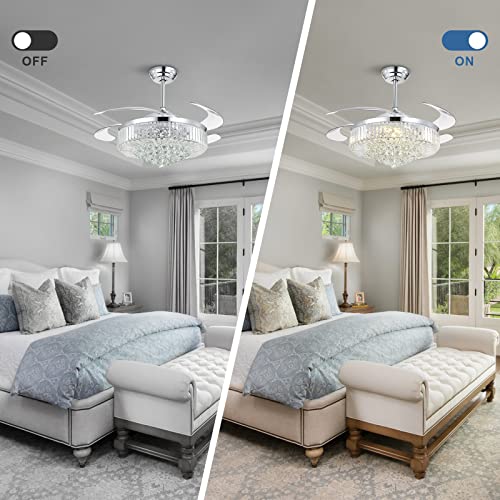 Moooni 52 Inch Retractable Blades Fandelier Dimmable Crystal Chandelier Ceiling Fan with Light and Remote, Dimmable LED Crystal Fan Light Kit for Bedroom Dining Room-Polished Chrome